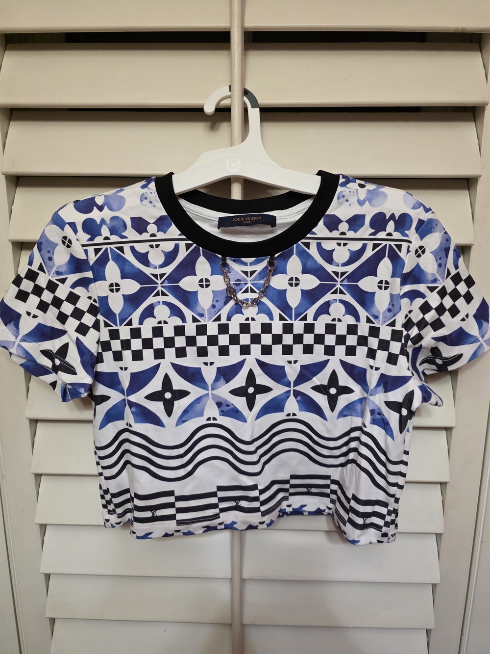Louis Vuitton Blue Patterned Short Sleeve Crop Top